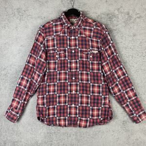 Lucky Brand Shirt Mens Medium Red Blue Plaid Western Pearl Snap Casual Cotton